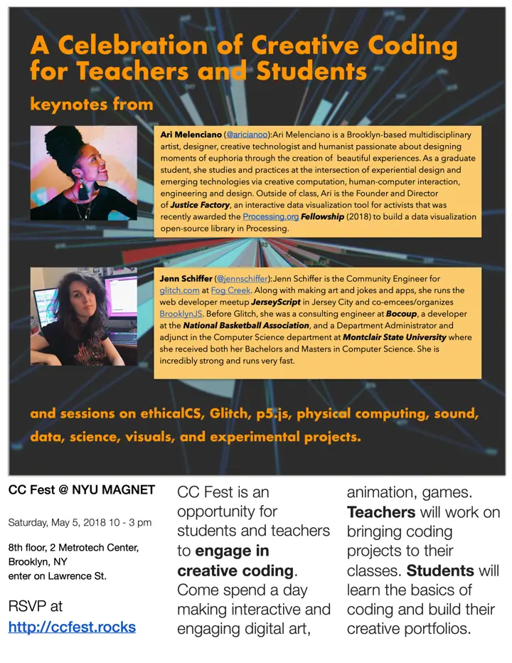 Poster for CC Fest at NYU MAGNET in Brooklyn on Saturday, May 5, 2018, with keynotes by Ari Melenciano and Jenn Schiffer