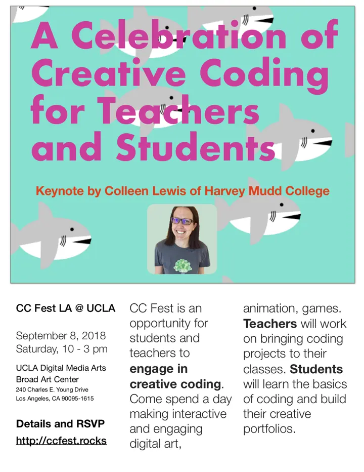 Poster for CC Fest LA at UCLA on September 8, 2018, with a keynote by Colleen Lewis of Harvey Mudd College