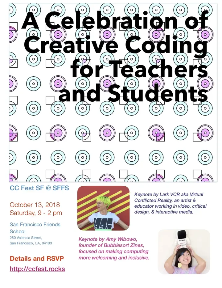 Poster for CC Fest SF at San Francisco Friends School on October 13, 2018, with keynotes by Lark VCR and Amy Wibowo
