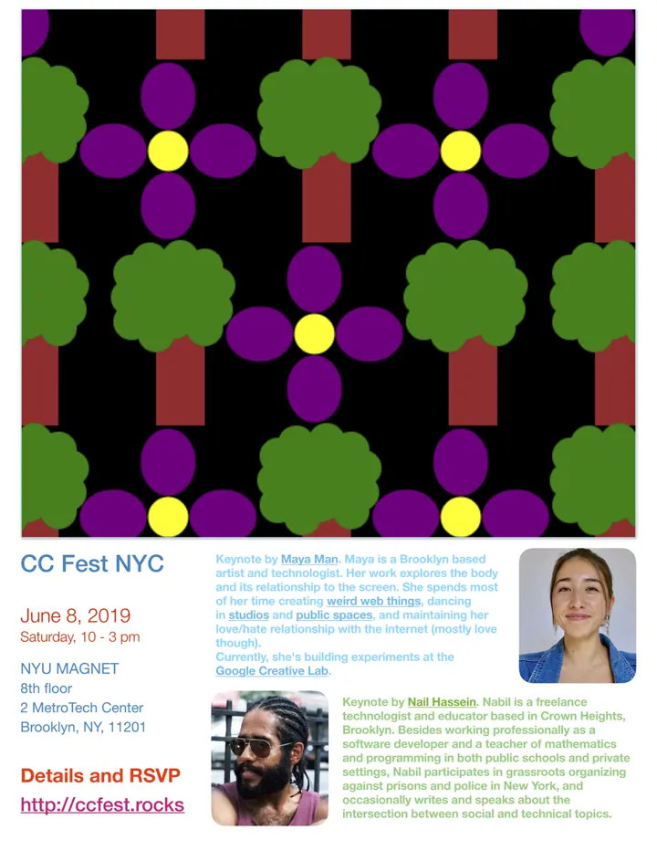 Poster for CC Fest NYC at NYU MAGNET on June 8, 2019, with keynotes by Maya Man and Nabil Hassein