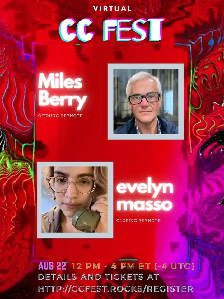 Poster for virtual CC Fest on August 22, 2021, with keynotes by Miles Berry and evelyn masso