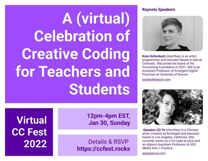 Poster for virtual CC Fest on January 30, 2022, with keynotes by Kate Hollenbach and Qianqian Ye