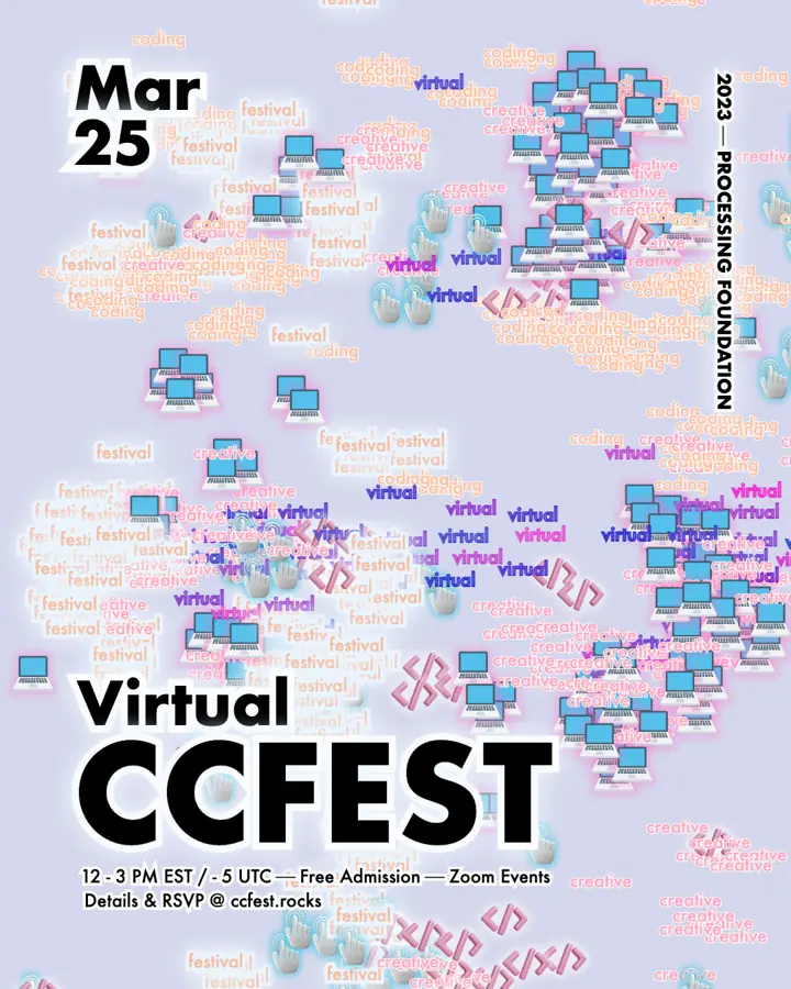 Poster for virtual CC Fest on March 25, 2023, 12 to 3 pm Eastern on Zoom Events, with a field of laptops and the words creative, coding, festival and virtual