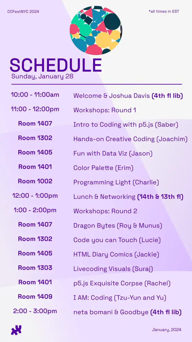 Schedule for CC Fest NYC on January 28, 2024, listing two rounds of workshops by room