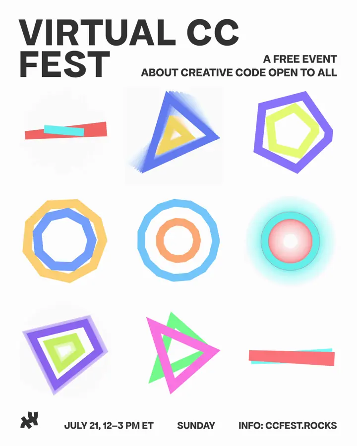Poster for virtual CC Fest on Sunday, July 21, 2024, with colourful outlined shapes