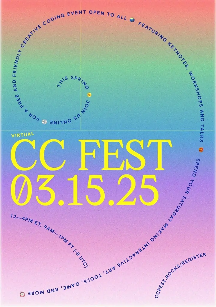 Poster for virtual CC Fest on March 15, 2025, with the date in large yellow type over a rainbow gradient