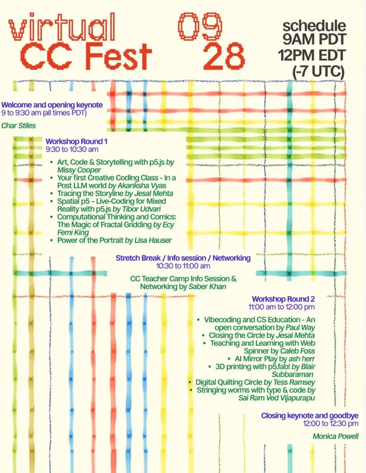 Schedule poster for virtual CC Fest on September 28, 2025, listing the keynotes and two rounds of workshops