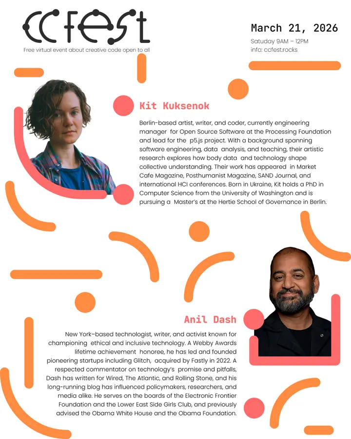 Poster for virtual CC Fest on March 21, 2026, with keynote speakers Kit Kuksenok and Anil Dash