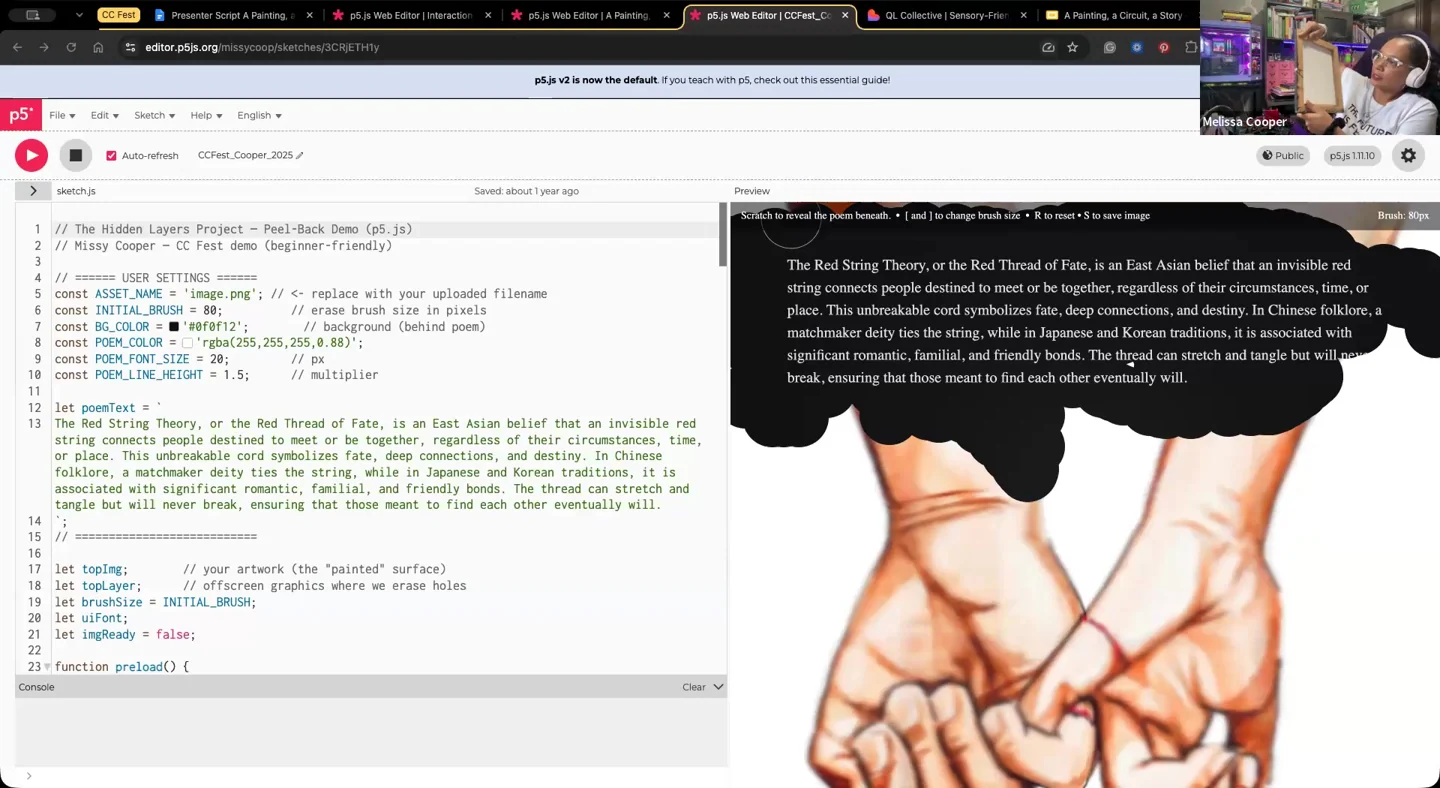 Missy Cooper's earlier screen-based piece: a p5.js sketch where viewers scratch away black paint over an illustration of two hands to reveal a story about the red thread of fate.