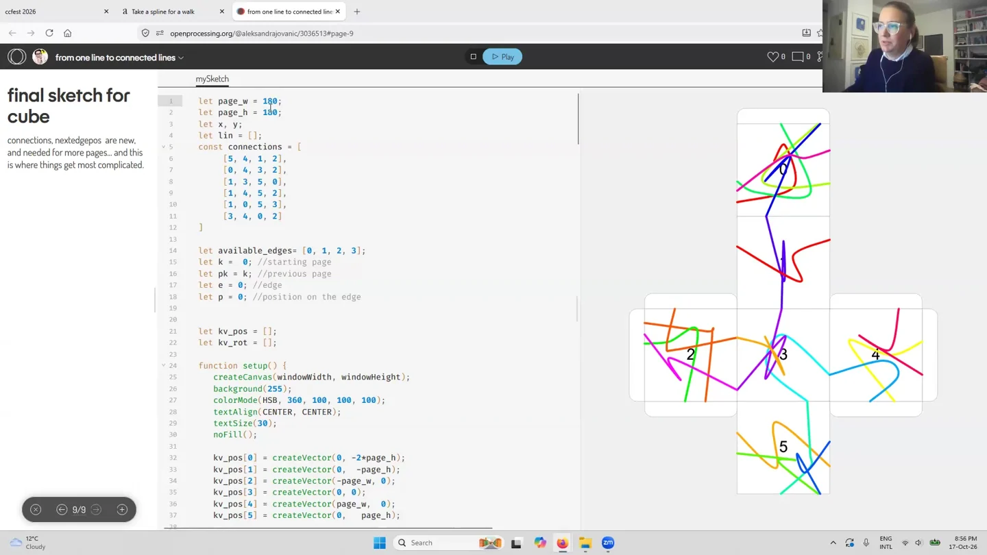 Aleksandra Jovanić's final sketch: an unfolded cube net in which colored spline lines cross from face to face without breaking.
