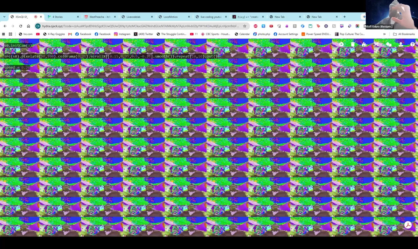 Kofi Oduro's Hydra sketch: a webcam image pixelated, recolored in green and purple, and repeated in a grid of small tiles.