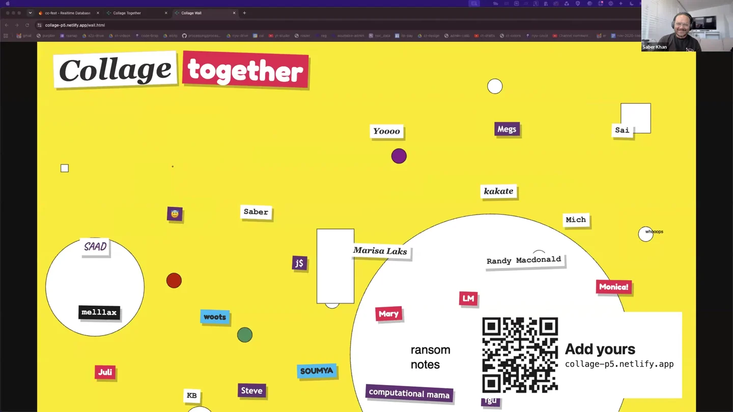 Words, names and shapes fill the bright yellow shared canvas at the end of Daniel Shiffman's keynote.